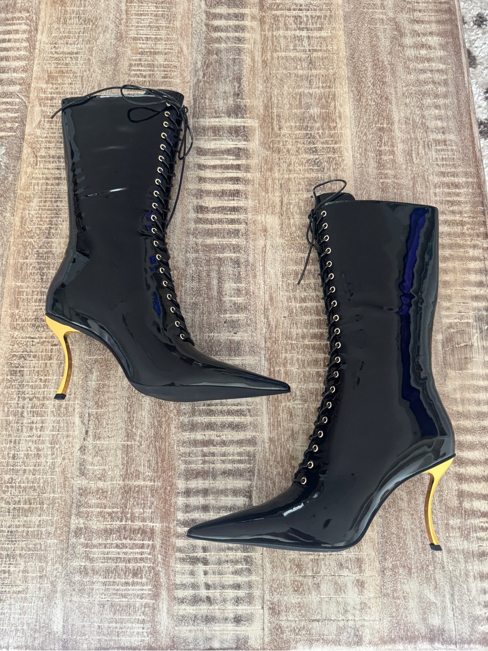 Jeffrey Campbell Patent Lace-Up Stiletto Ankle Boots - Gold Heel Size 8